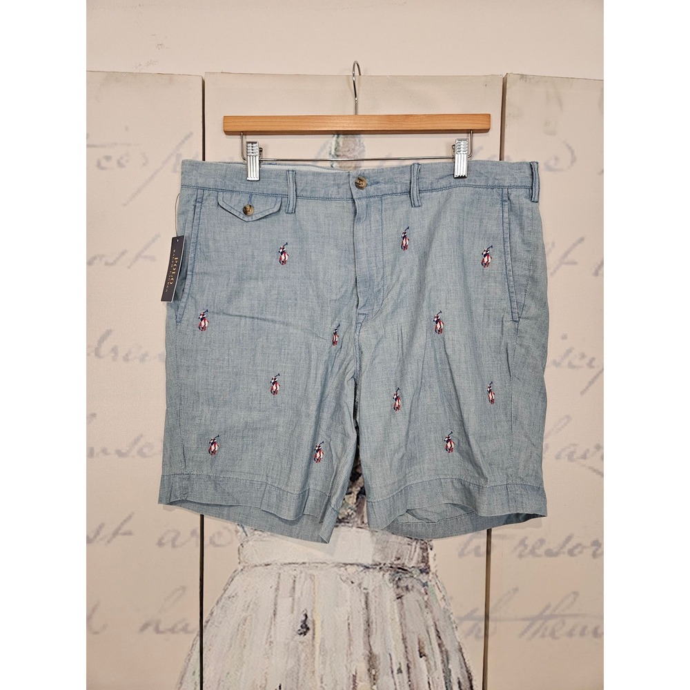 Polo Ralph Lauren Light Blue Chambray Embroidered Pony All Over Shorts 36 NEW